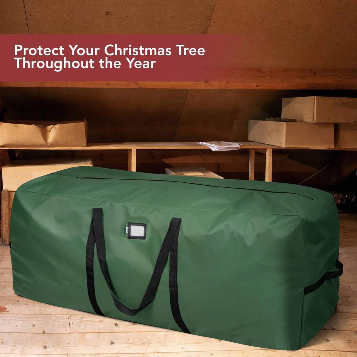 Green waterproof Christmas tree storage bag with black handles, shown folded for storage
