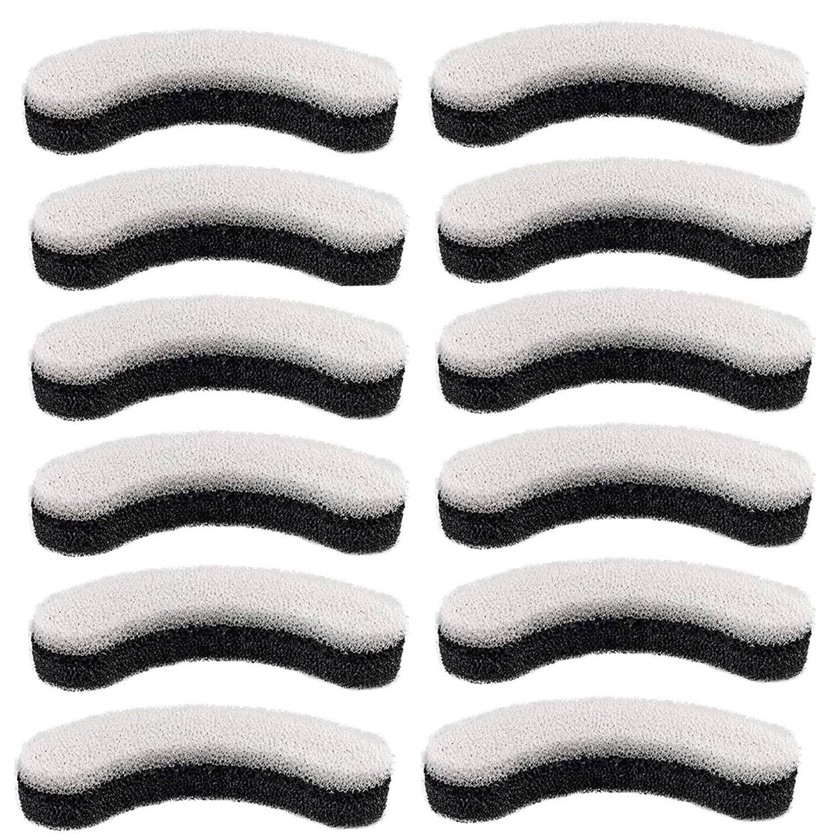 Replacement curved foam water filter pads, multiple black-and-gray sponge pieces