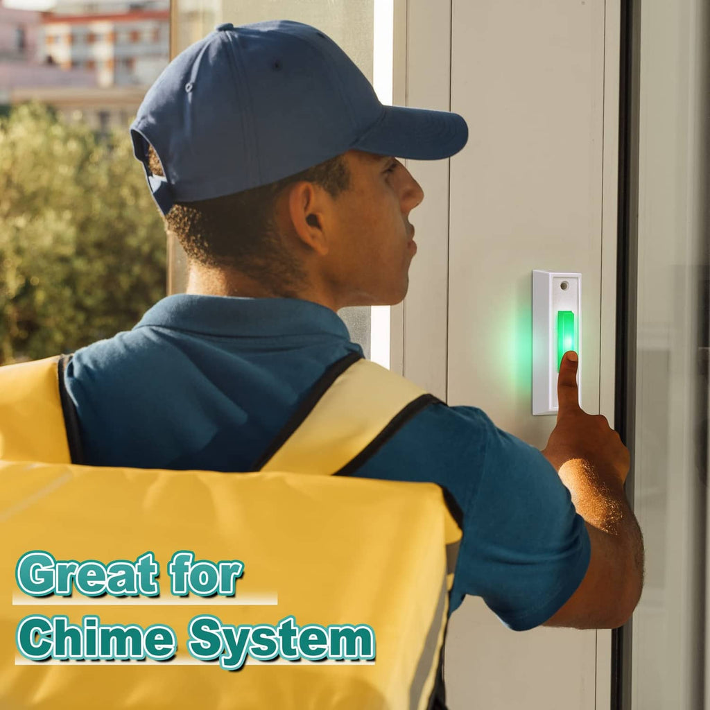 White doorbell button with green LED, hand pressing by entry door