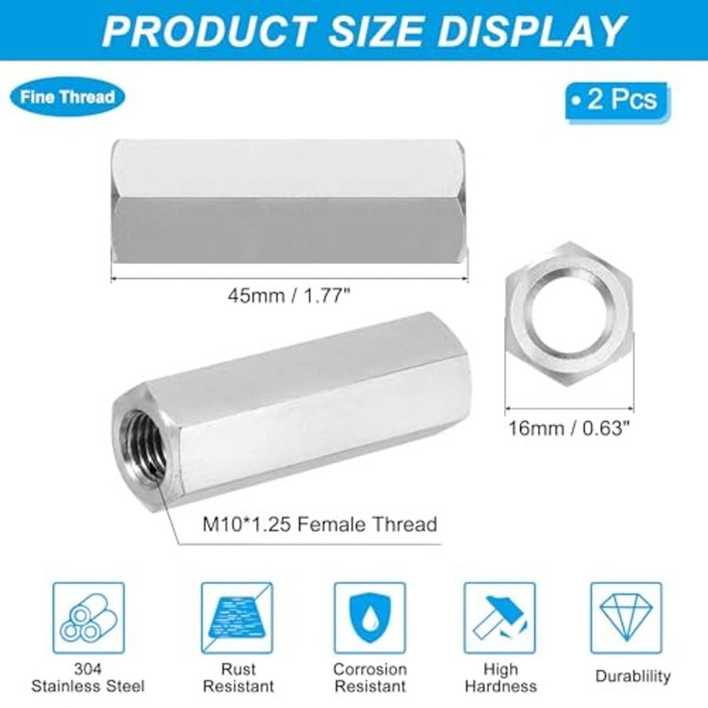 Stainless steel hex coupling nuts, M10x1.25 female thread, 45mm length, 2 pcs