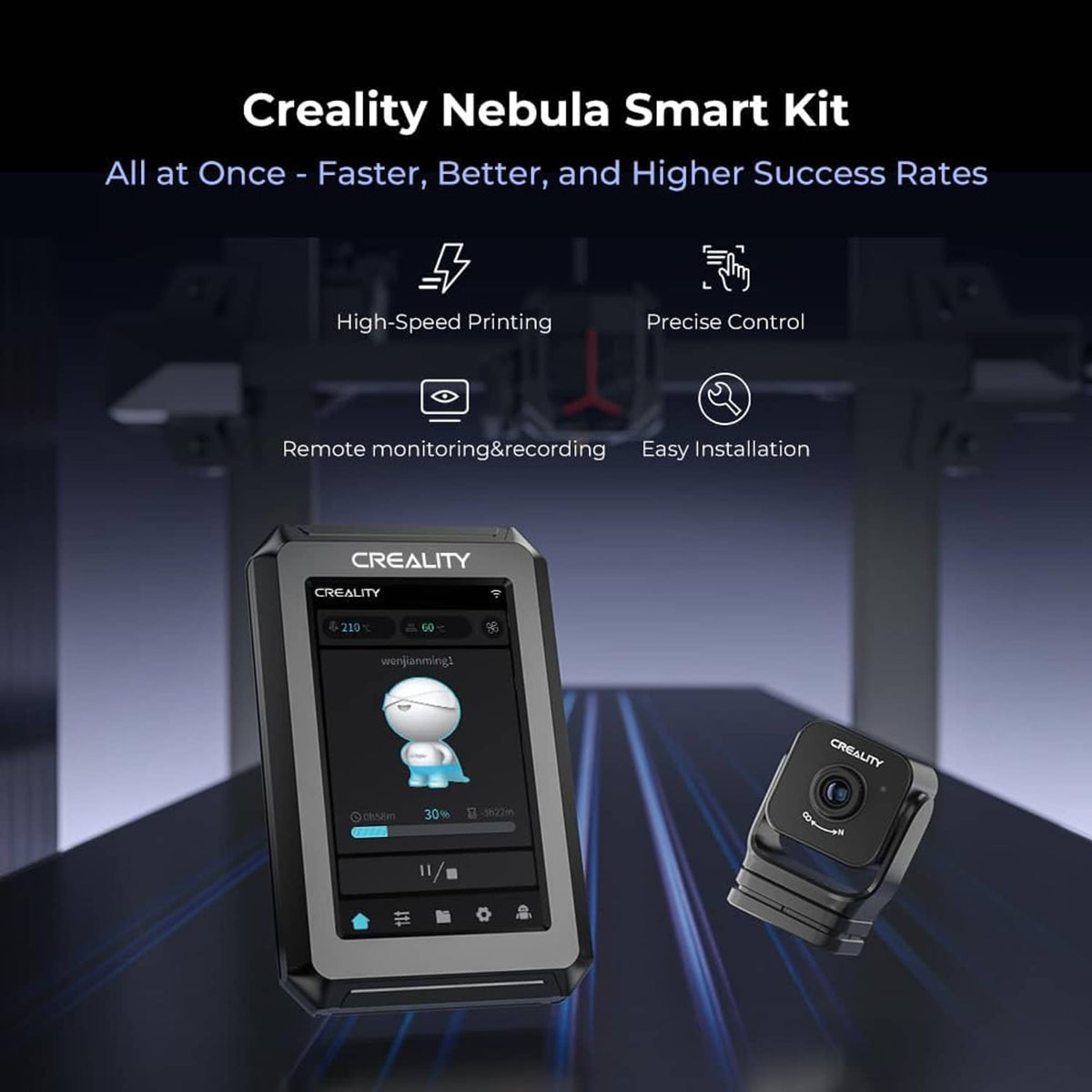 Creality Nebula Pad touchscreen controller with connected Nebula camera module