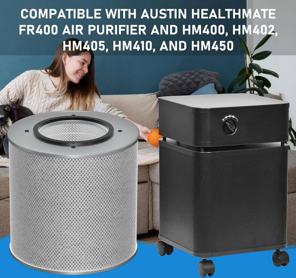 Replacement air purifier filters: gray cylindrical HEPA filter and black rectangular filter.