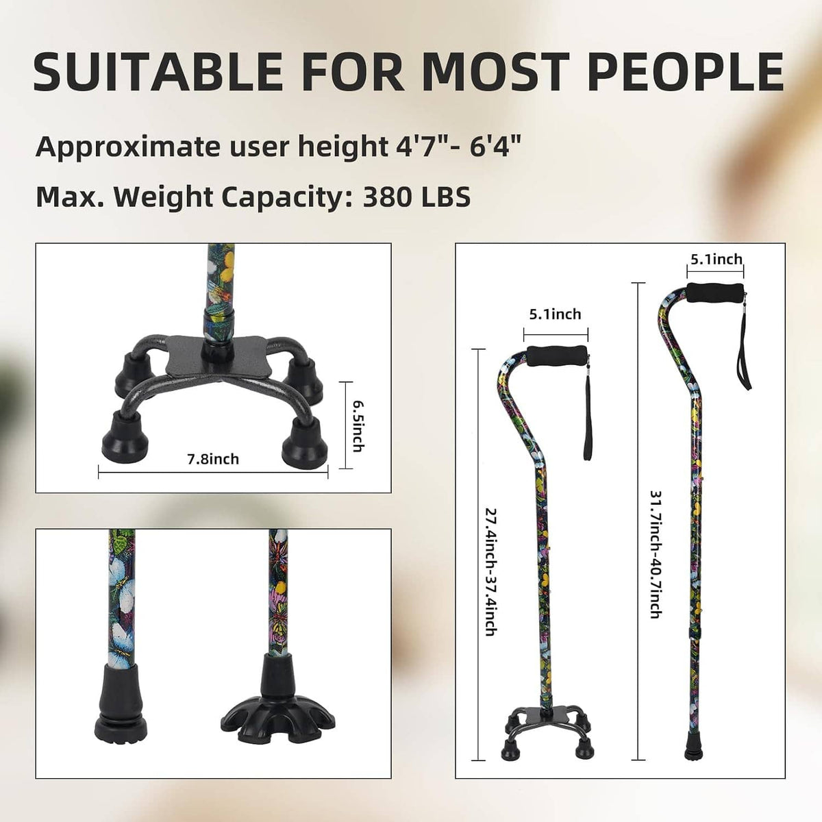 Floral quad cane with adjustable height, black handle and four-leg non-slip base