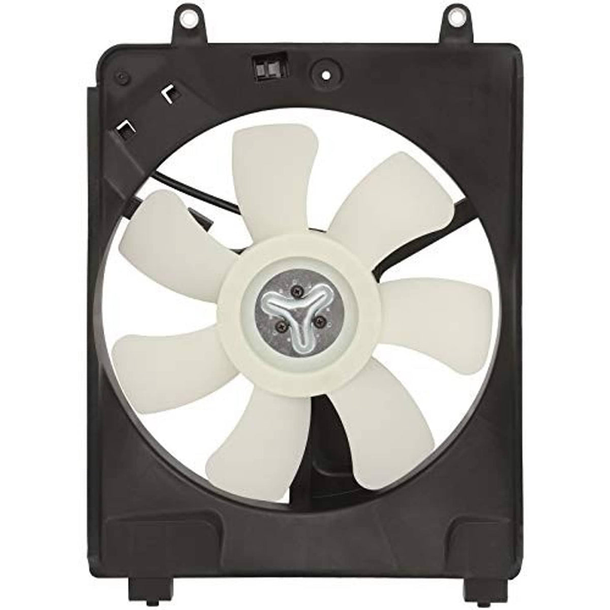 Square black fan shroud with white blades and central motor hub