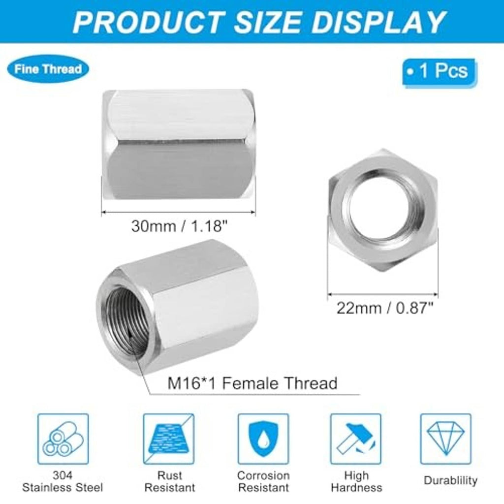 Stainless steel hex coupling nut, 30mm length, M16x1 thread size shown