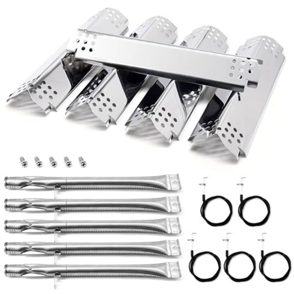 Stainless steel flame burner replacement kit with multiple burner tubes, shields, and rings (5-pack)