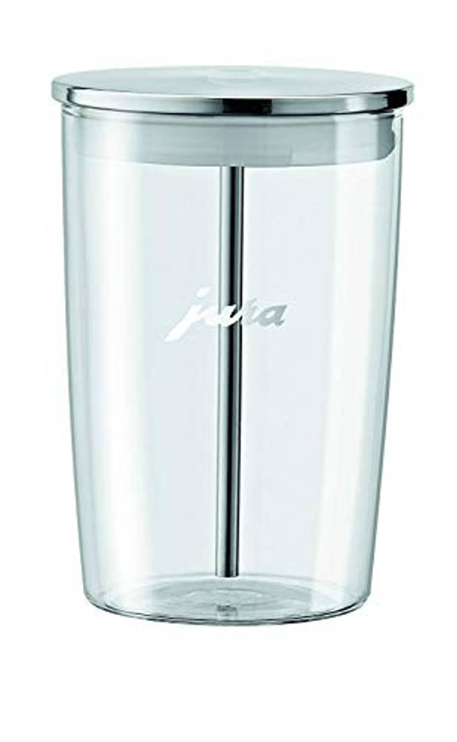 Clear Jura glass milk container with chrome lid, cylindrical shape