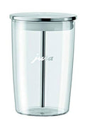 Clear Jura glass milk container with chrome lid, cylindrical shape