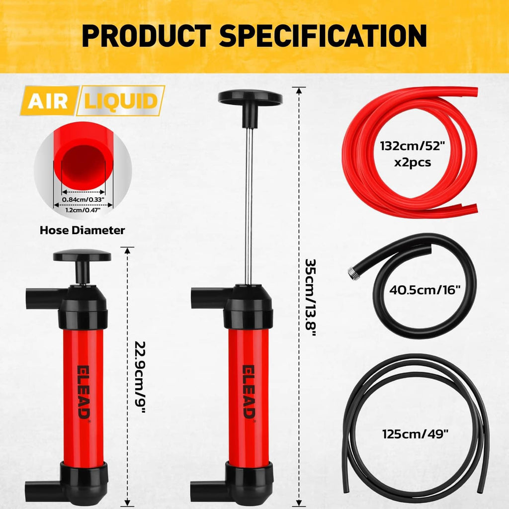 Fluid transfer pump kit with red cylinder, red and black hoses, and black connectors