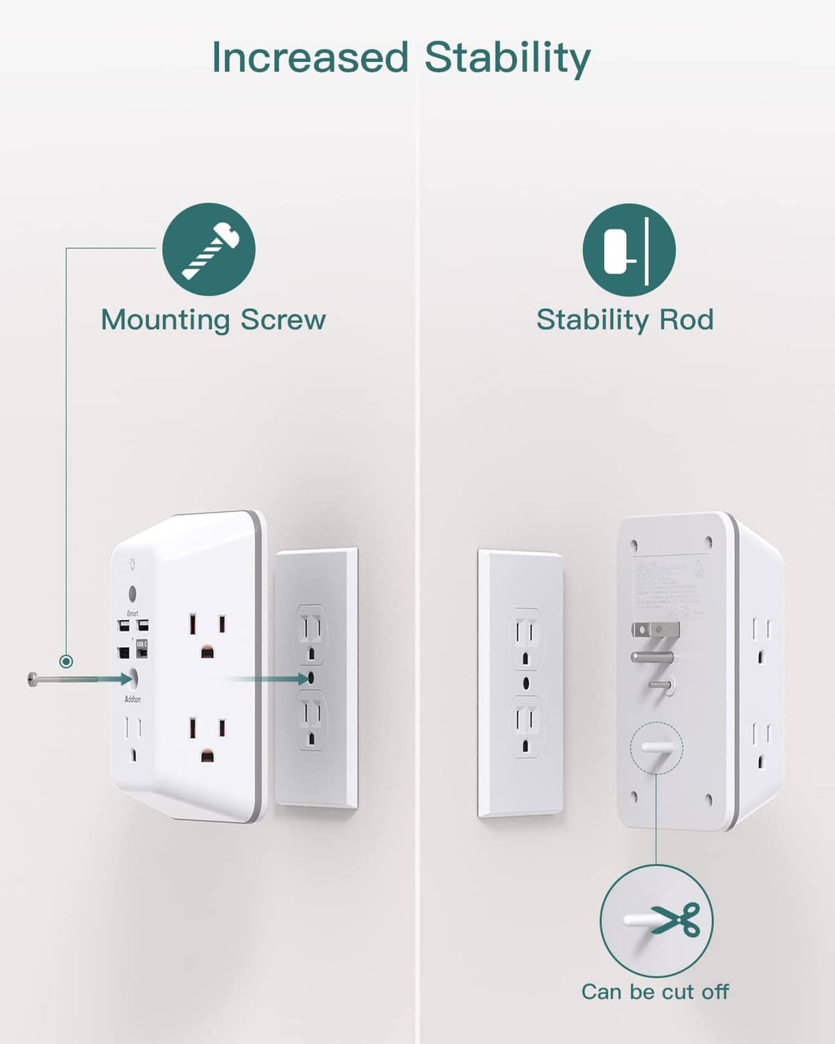 White outlet extender with mounting screw and stability rods for secure installation