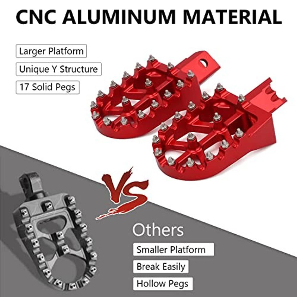 Red CNC aluminum motorcycle foot pegs with raised silver non-slip teeth