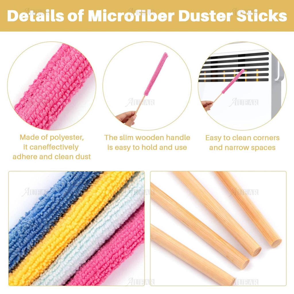 Pink microfiber duster stick with textured head and slim wooden handle