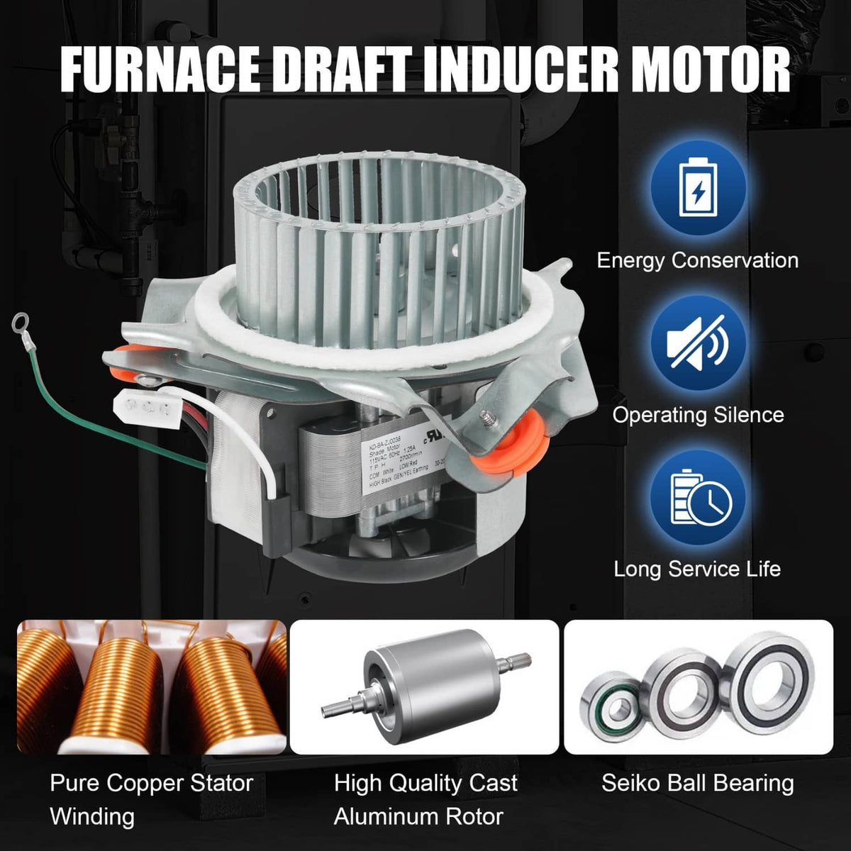 Furnace draft inducer motor assembly with circular fan housing and electrical connector