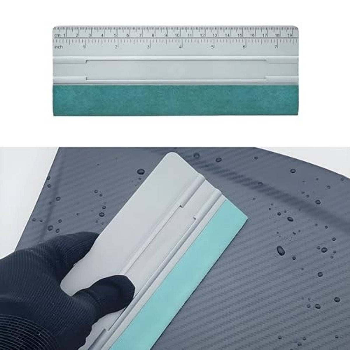 Felt squeegee applicator with teal felt pad being pressed on a vinyl film surface