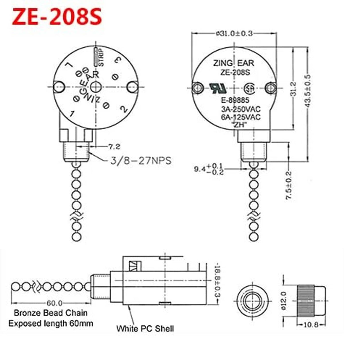 Ceiling fan pull chain switch dimension diagram, ZE-208S model with brass chain