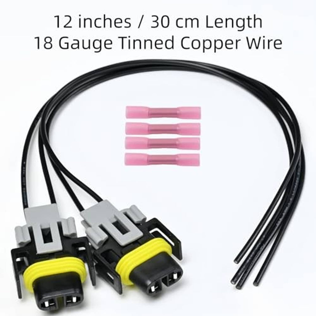 Headlight connector pigtail harness with two grey sockets, black wires, and pink heat-shrink tubes