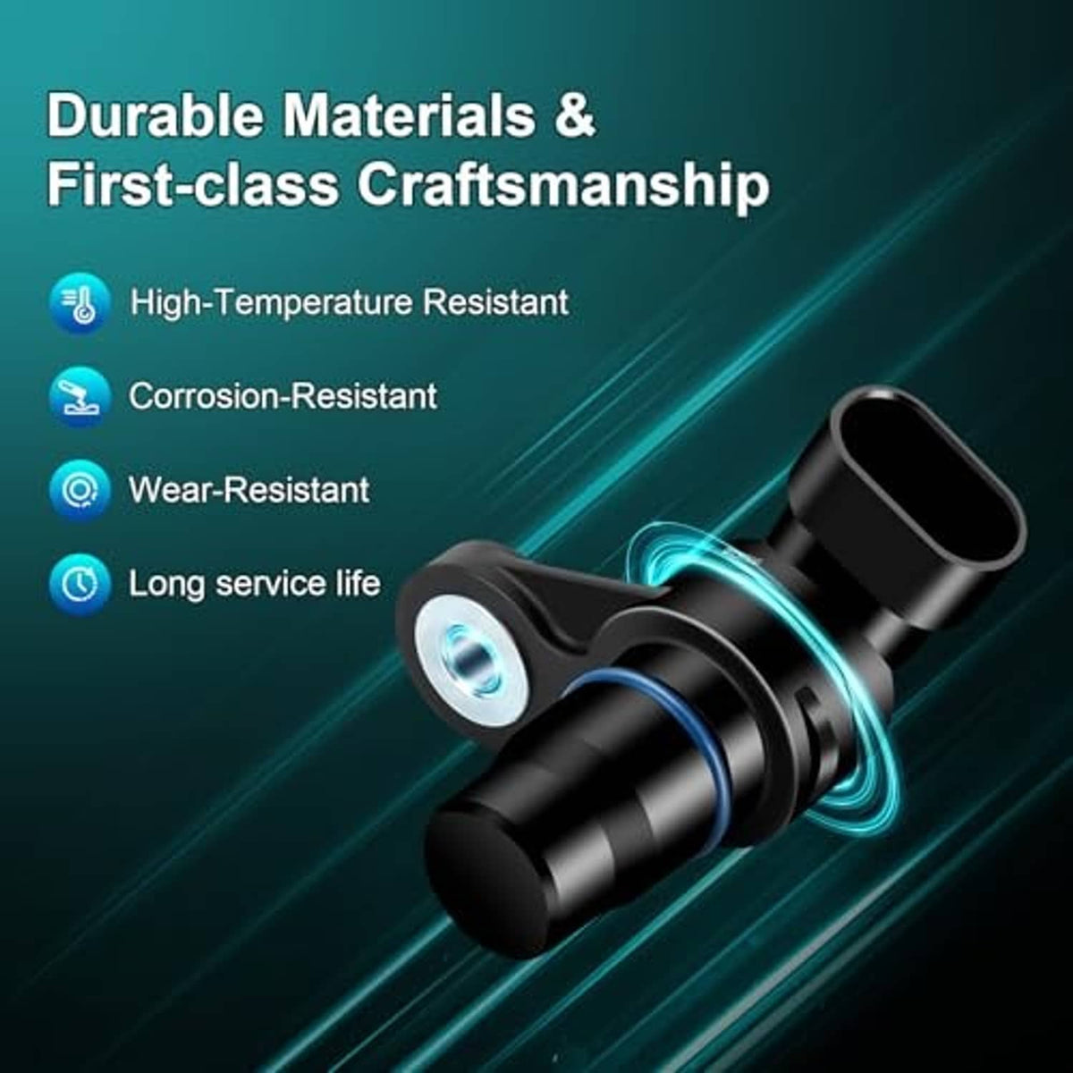 Camshaft position sensor with durable metal body and blue heat-shield glow