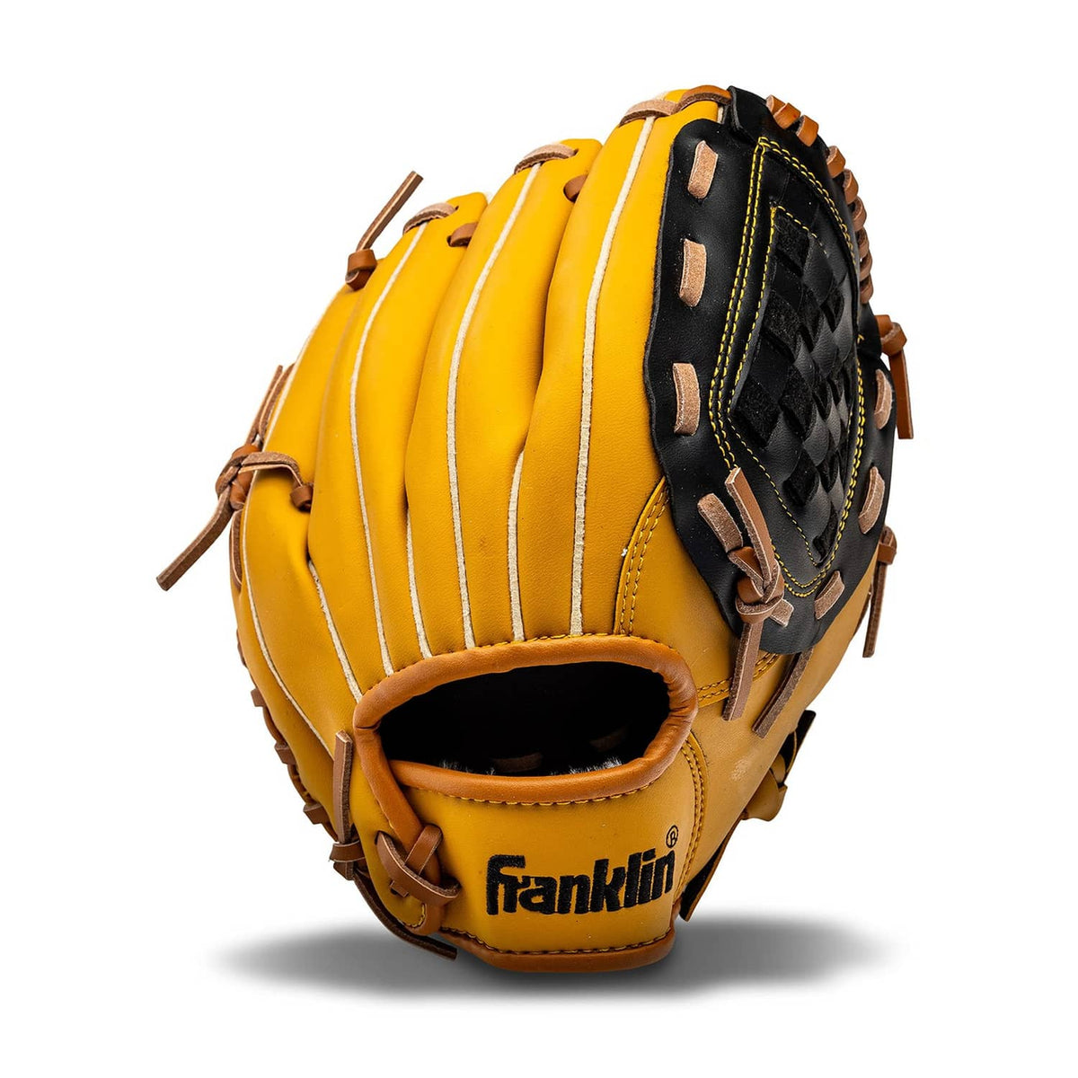 Yellow and black Franklin baseball glove with web pocket and finger stalls