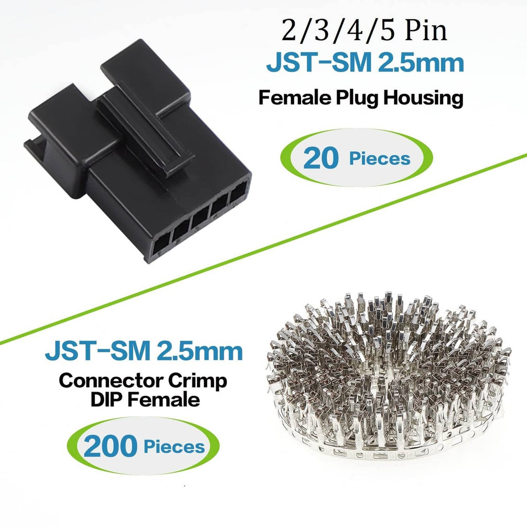 Black 2/3/4/5-pin JST-SM 2.5mm female plug housing with crimp pins