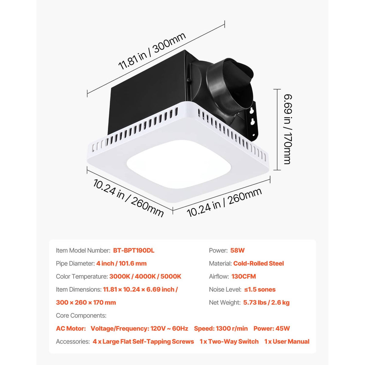 Ceiling ventilation fan with LED light, front view with black mounting housing