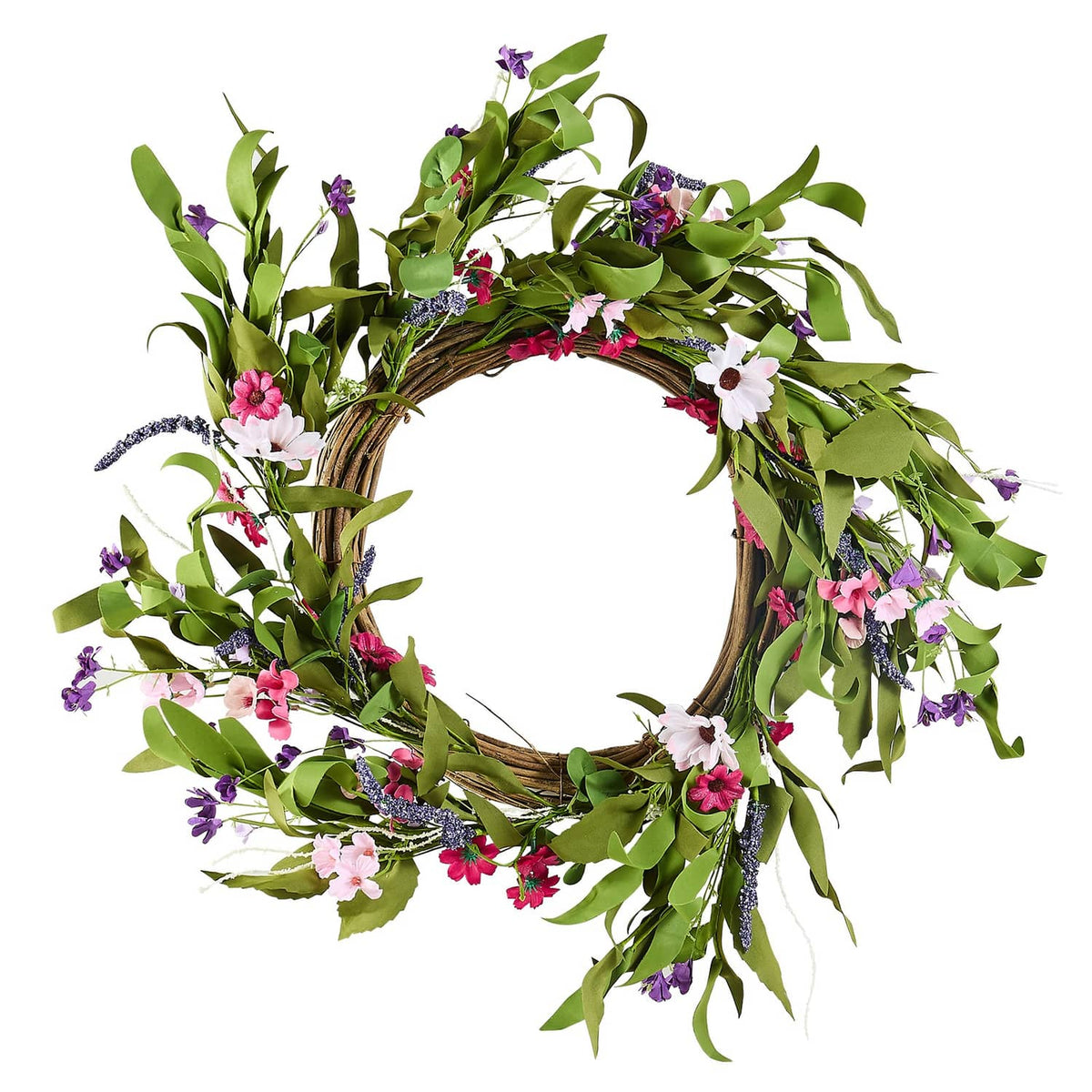 Artificial flower wreath with green leaves, pink and white daisies, and purple sprigs