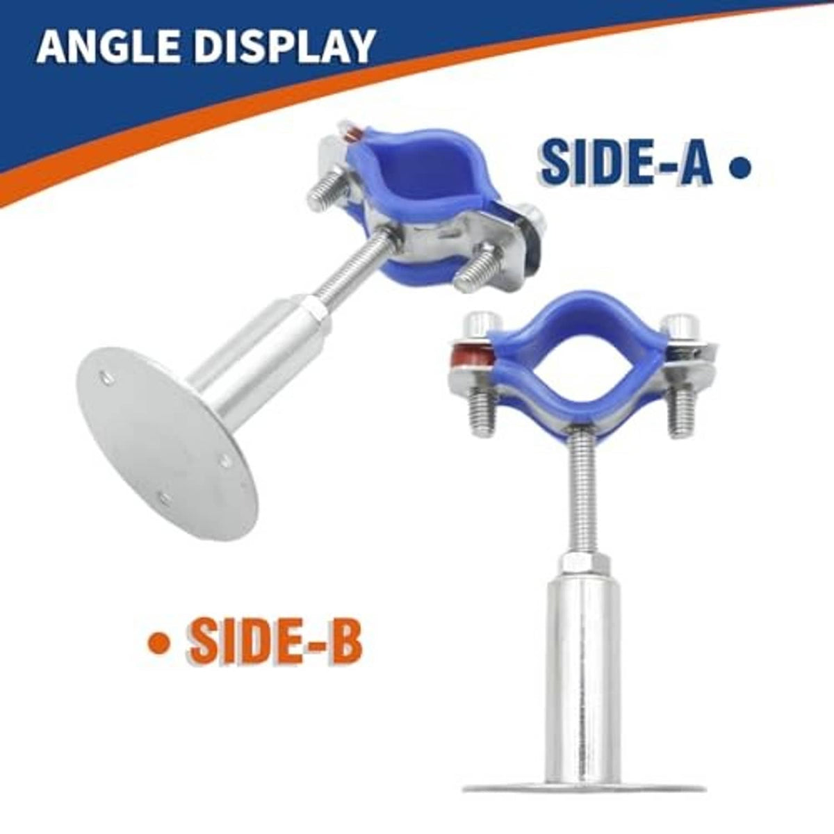 Adjustable pipe support clamps with blue U-bands, vertical threaded rods, and bases
