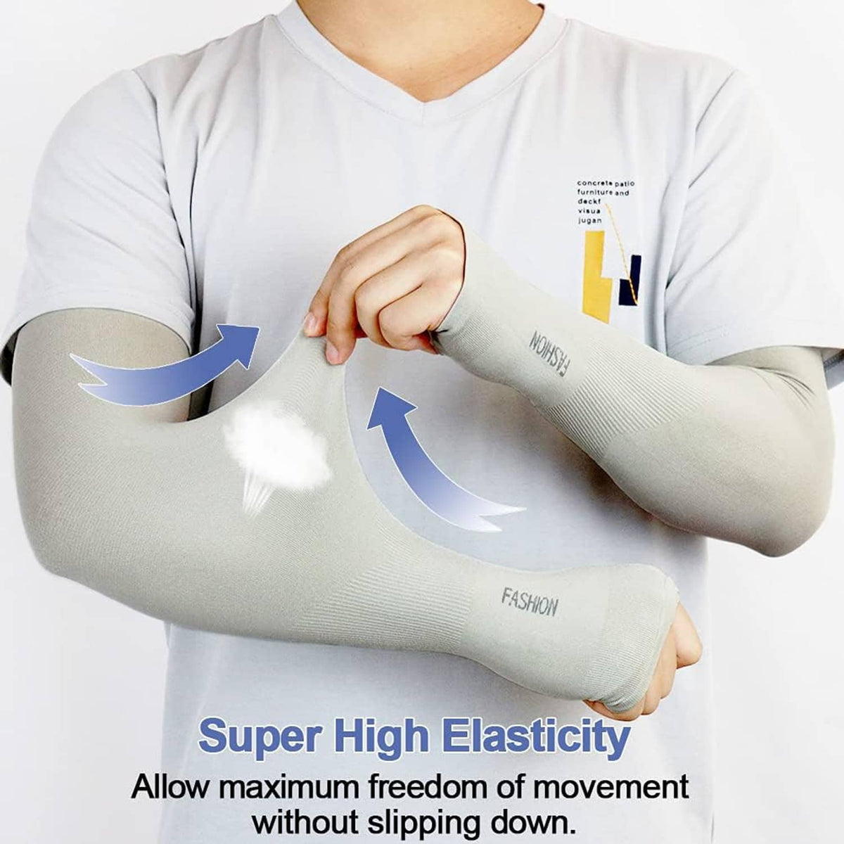Light gray arm sleeve with stretchy compression knit on forearm
