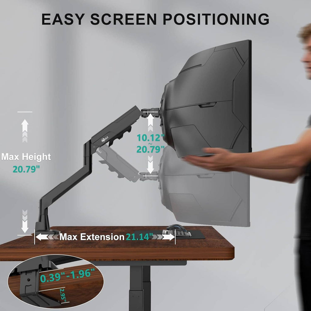 Black monitor arm showing height and extension adjustment for screen positioning