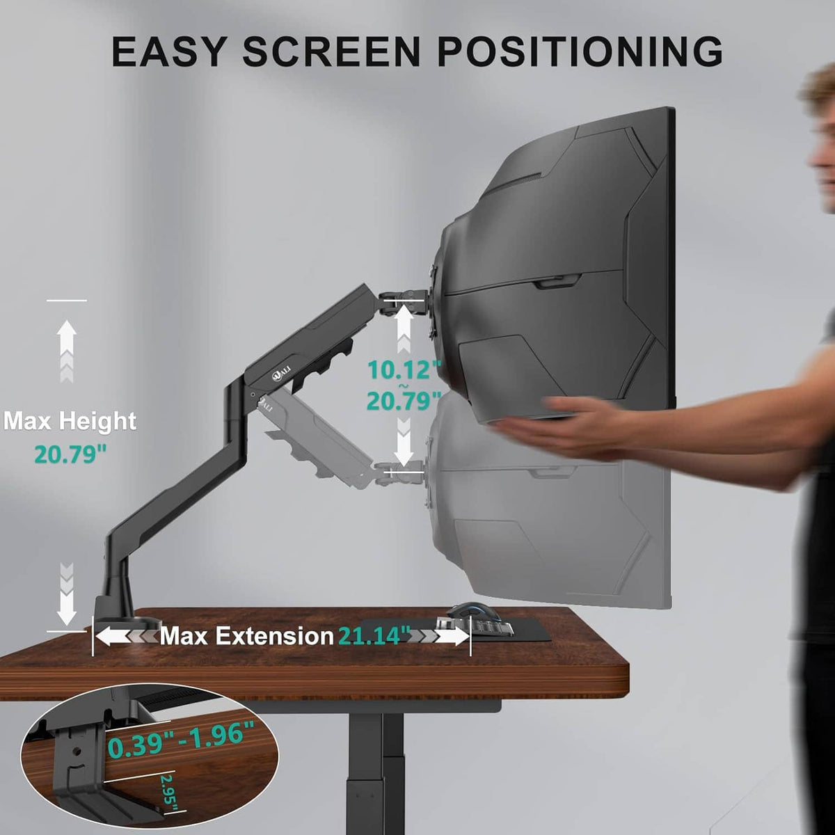 Black monitor arm showing height and extension adjustment for screen positioning