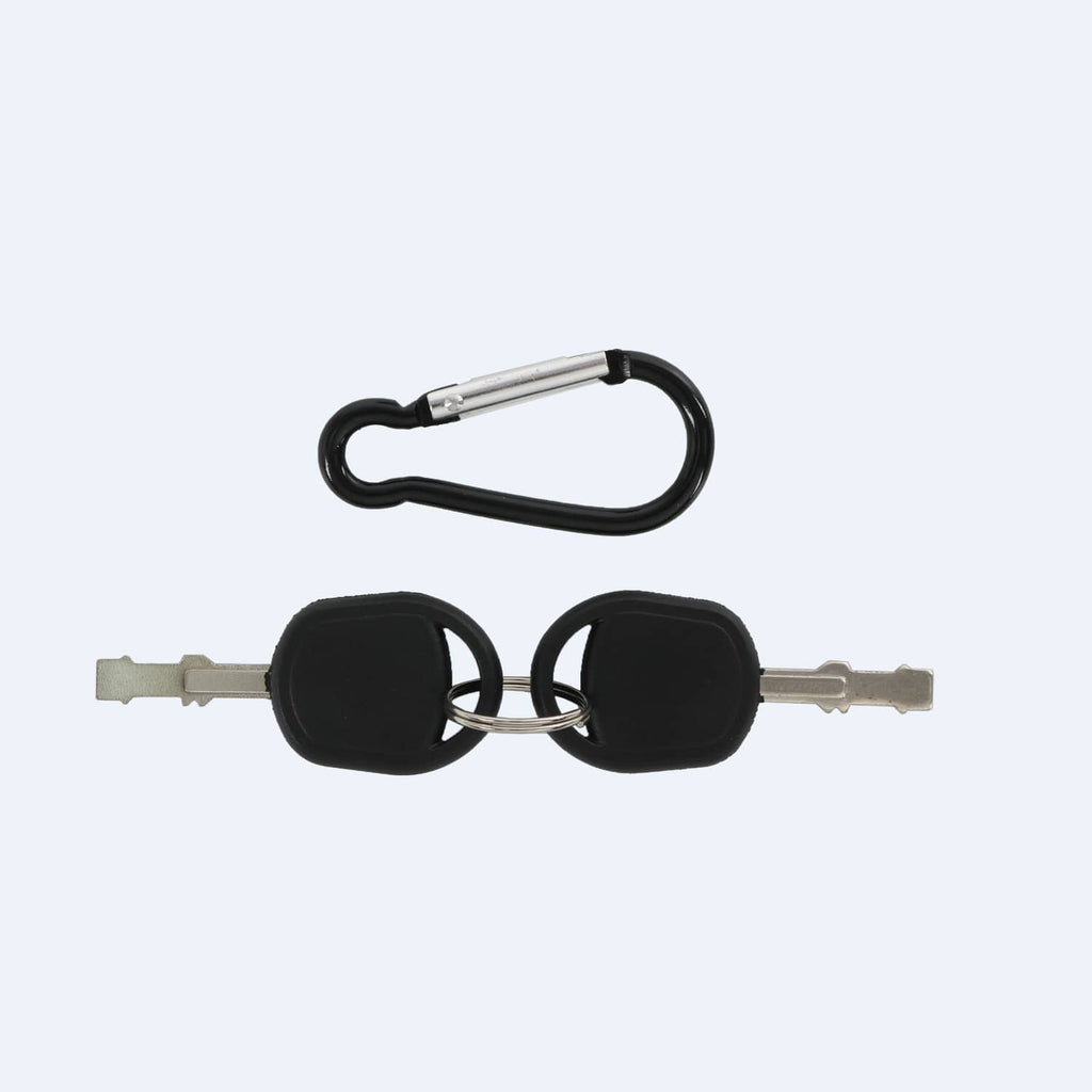 Ignition starter switch with two keys and black key covers on a metal loop