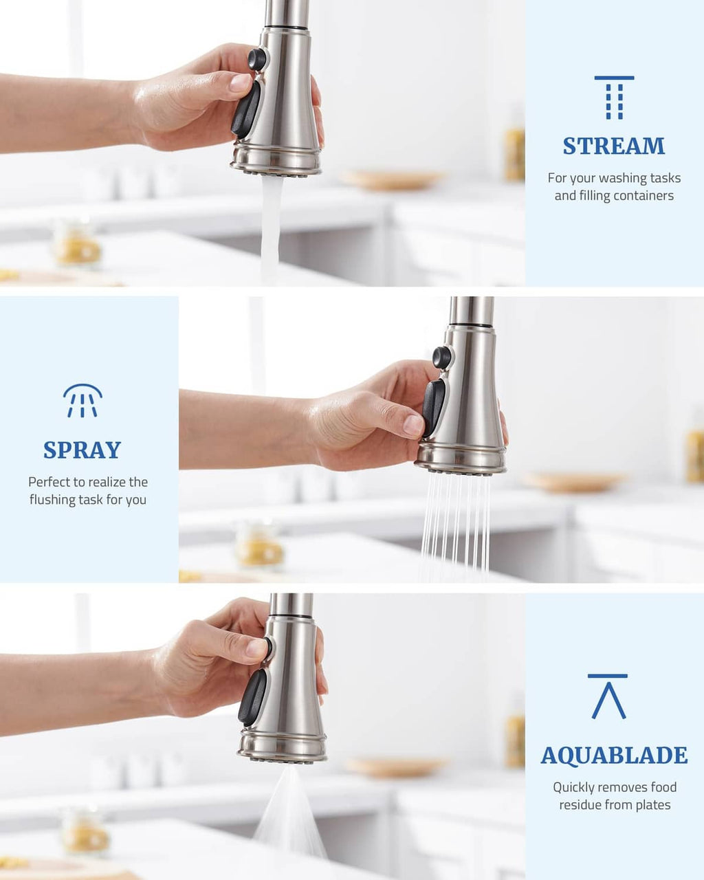 Brushed nickel kitchen faucet spray head with water stream, held by hand