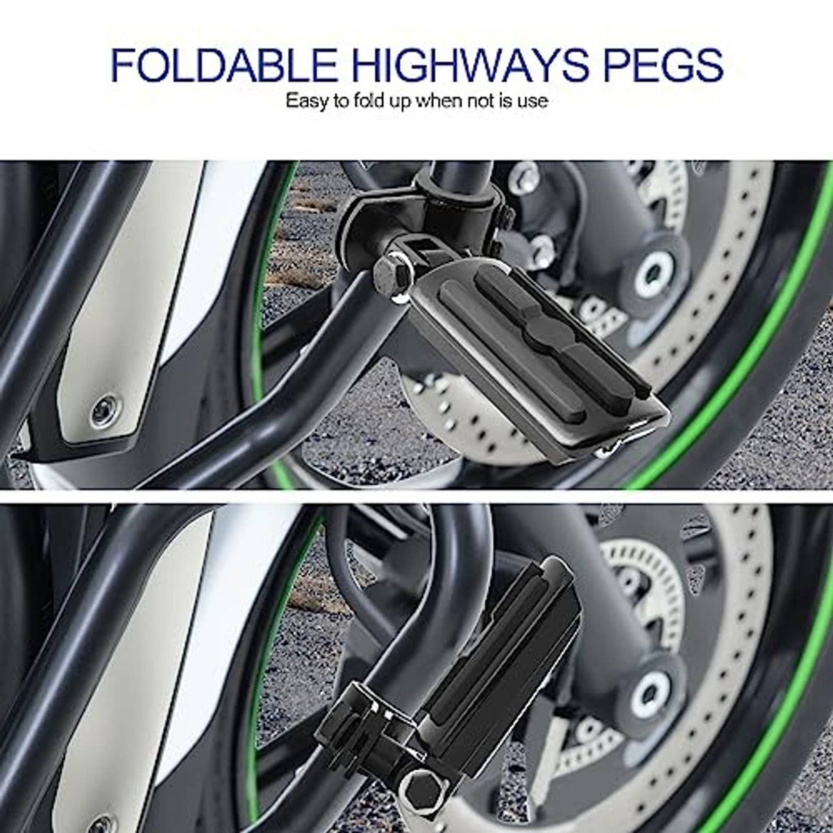Black foldable highway foot peg with slotted step pad and clamp bracket