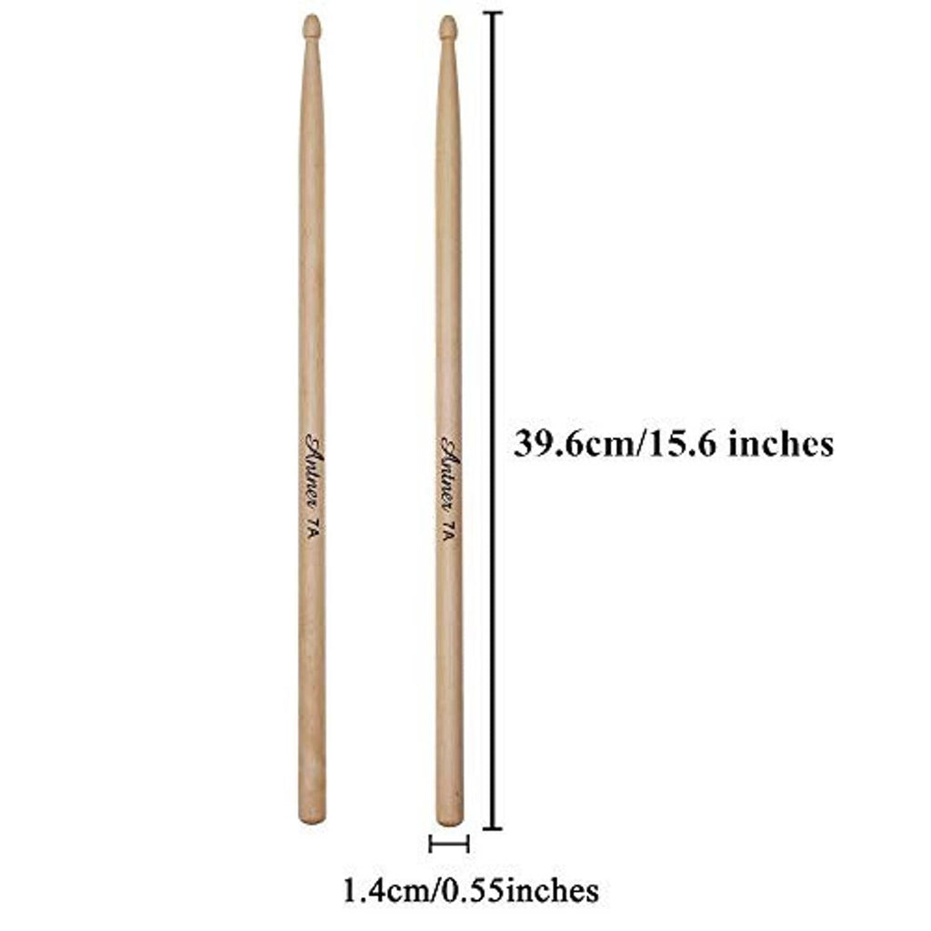 Pair of 7A maple wood drumsticks with size dimensions shown