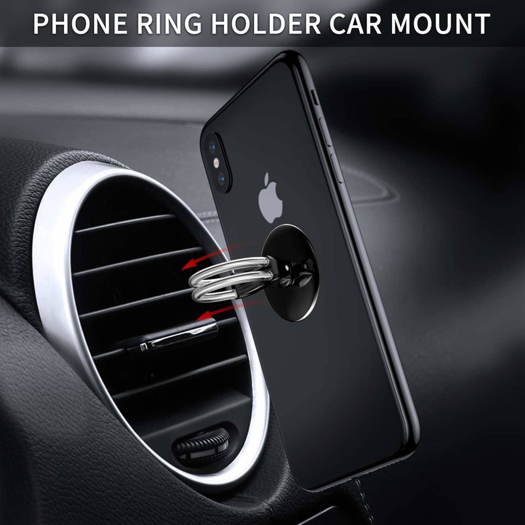 Car vent phone ring holder with silver finger loop gripping a smartphone