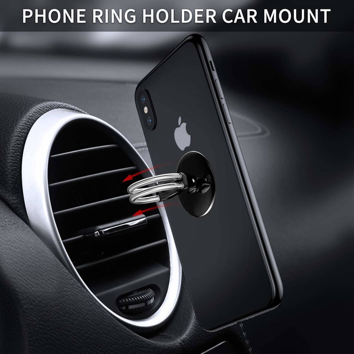 Car vent phone ring holder with silver finger loop gripping a smartphone
