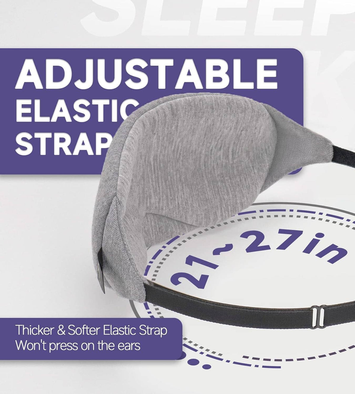 Gray sleep eye mask with thicker elastic strap and adjustable fit