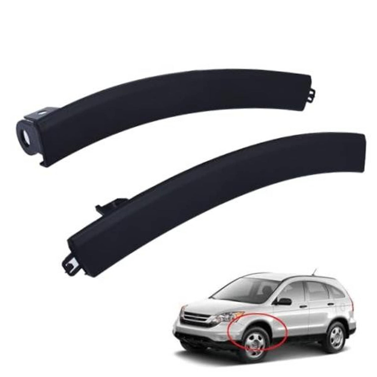 Black front bumper filler trim pieces, left and right, curved shape with mounting tabs