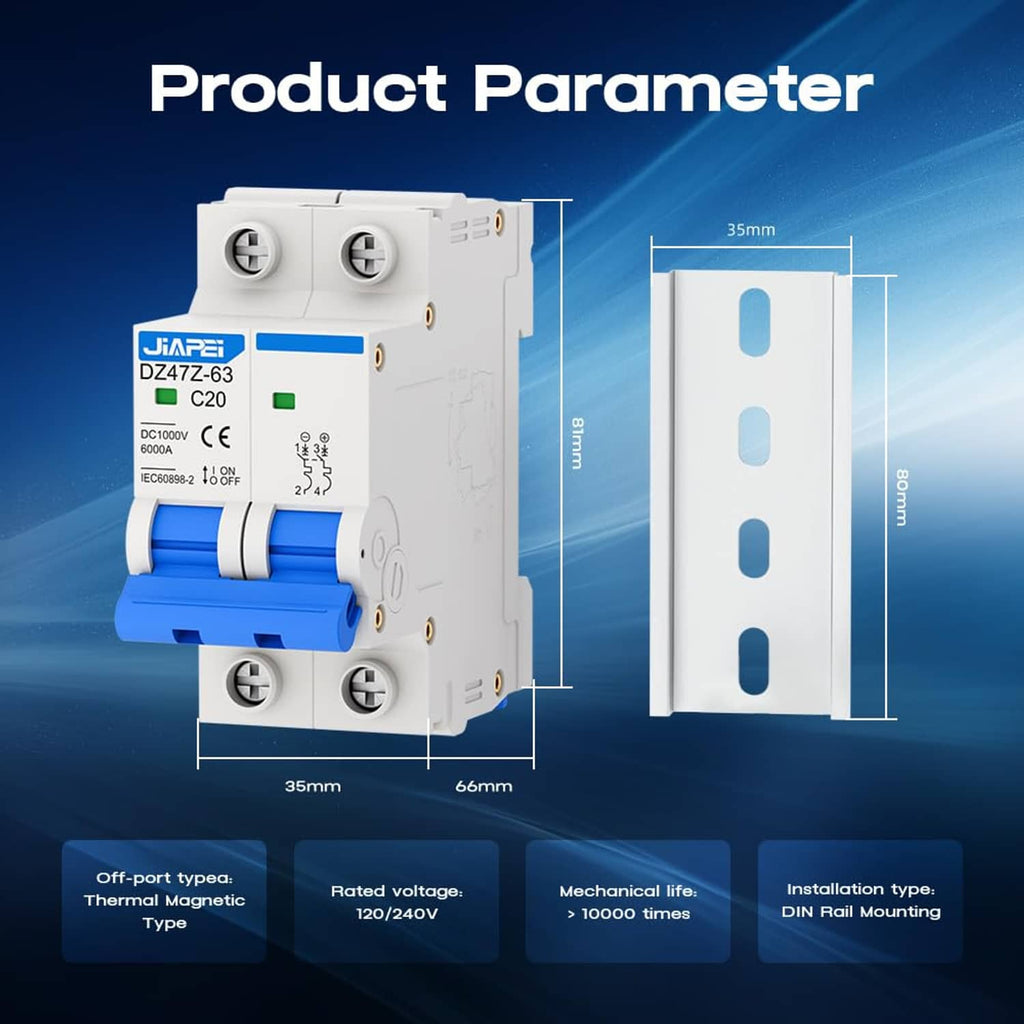 Two-pole DC miniature circuit breaker on DIN rail with size dimensions shown