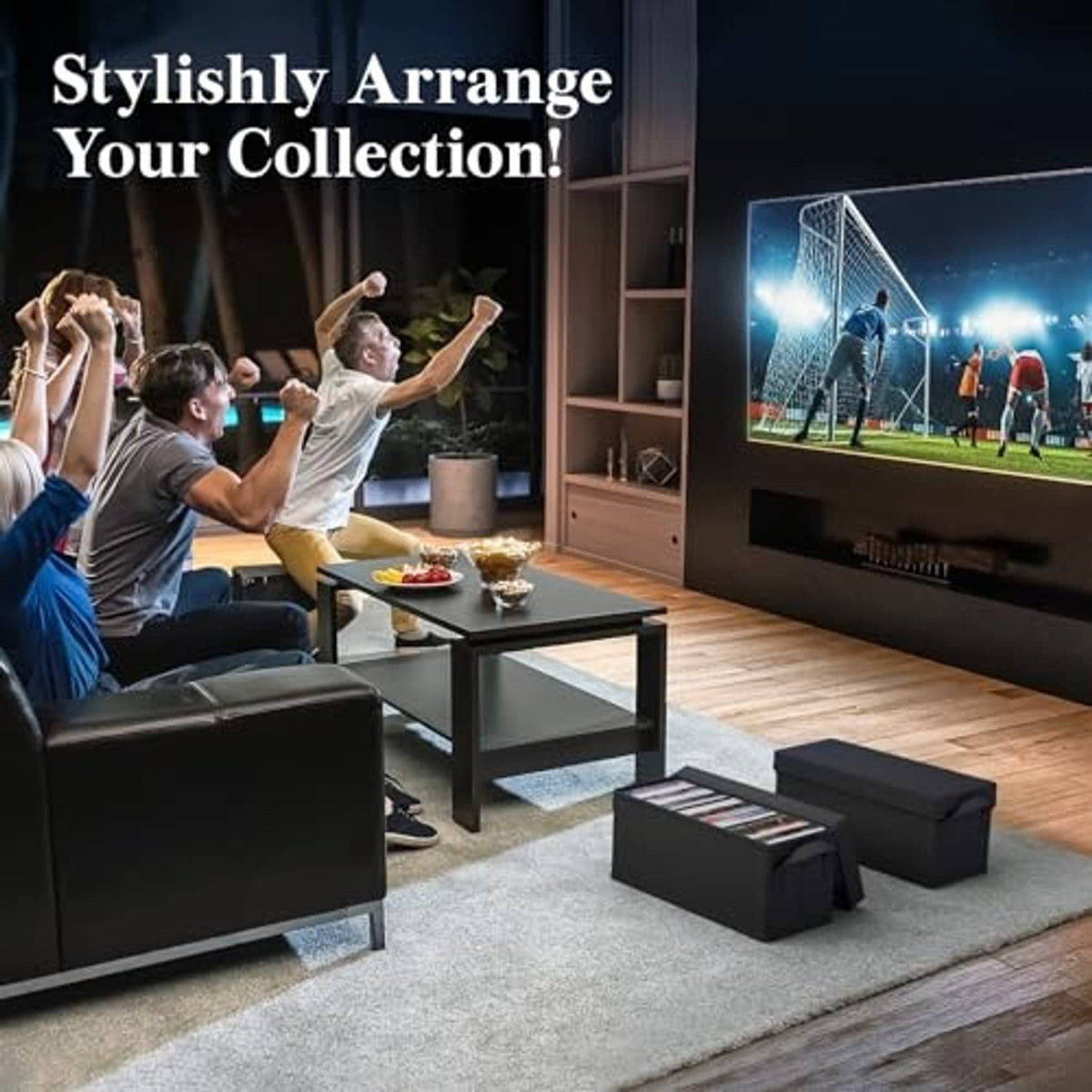 Black stackable CD storage boxes in a living room setting