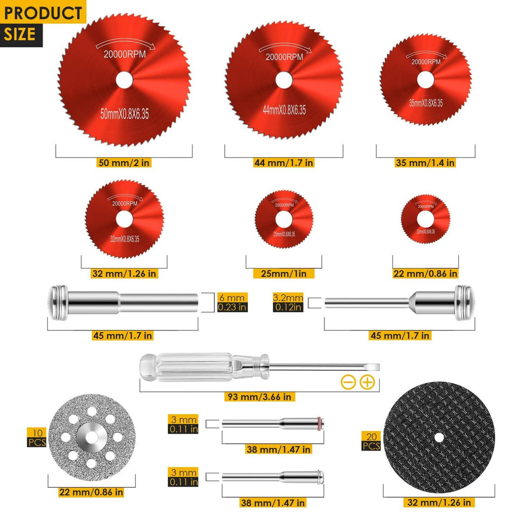 Red circular cutting wheels set with center holes and metal mandrels for rotary tools