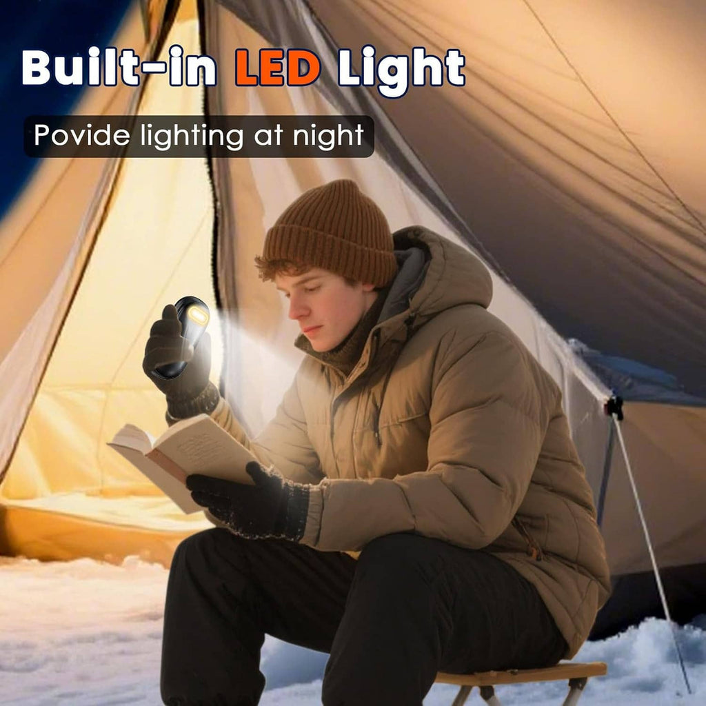 Rechargeable electric hand warmer with built-in LED light, held in winter gloves