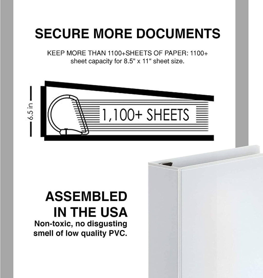Large 3-ring binder shown with capacity for 8.5x11 papers and secure closure