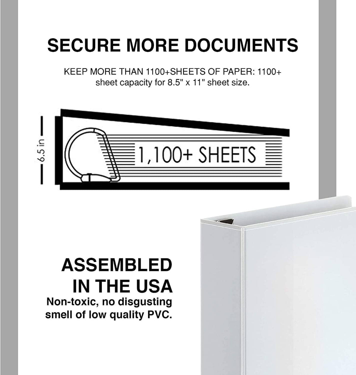 Large 3-ring binder shown with capacity for 8.5x11 papers and secure closure