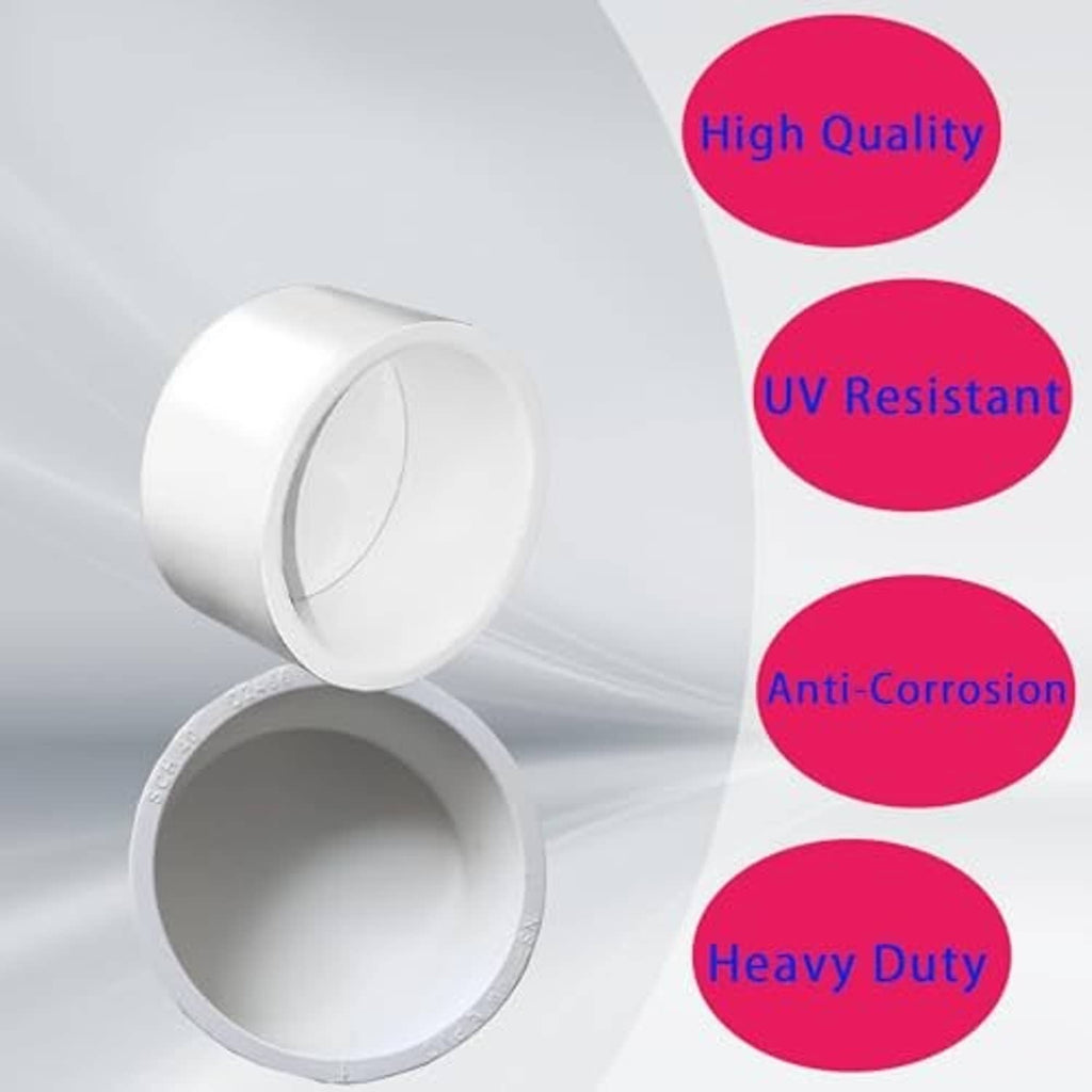 White PVC pipe end cap plug, pair of round caps shown stacked