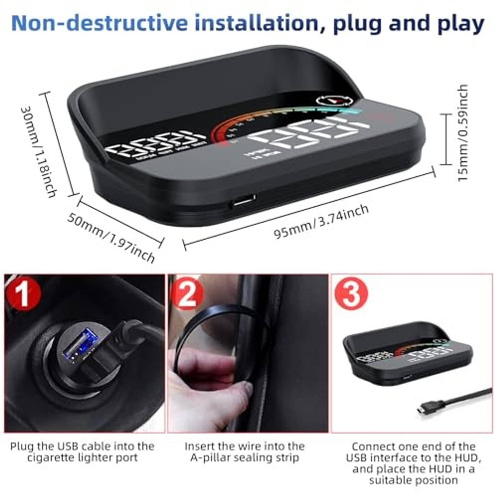 GPS HUD device with USB cable and mounting components for dashboard plug-in setup