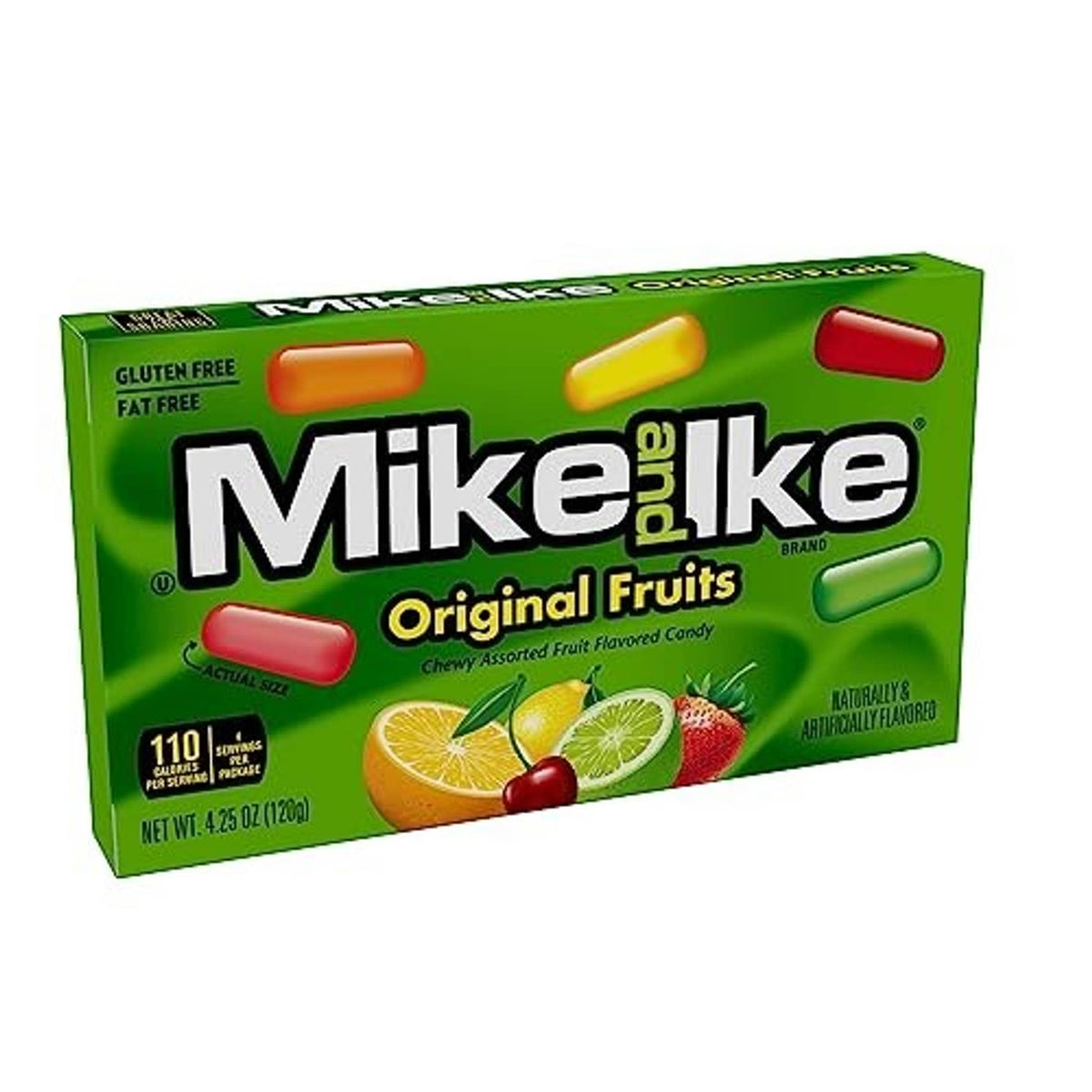 Mike and Ike Original Fruits candy box front view with assorted fruit candy graphics