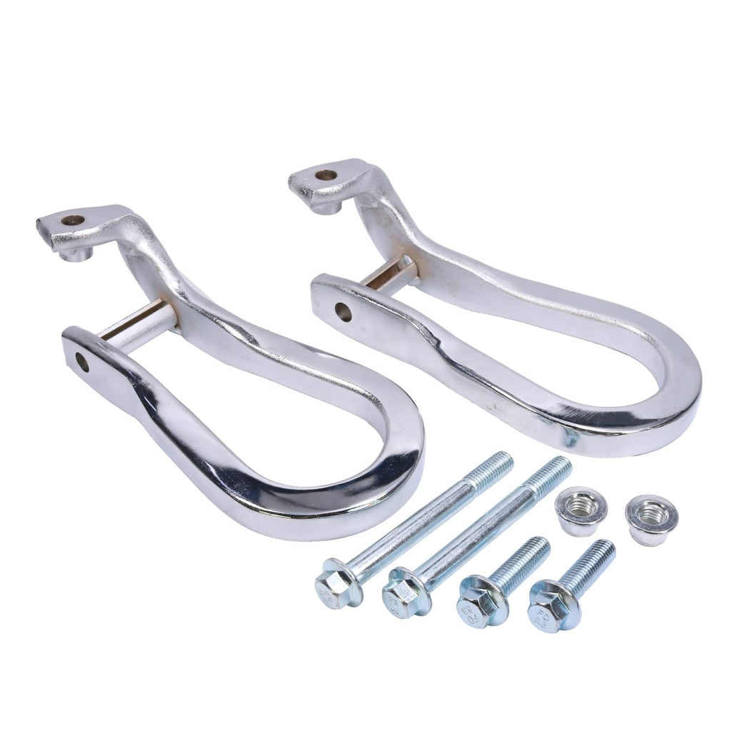 Two chrome tow hooks with loop openings and mounting studs, plus installation bolts