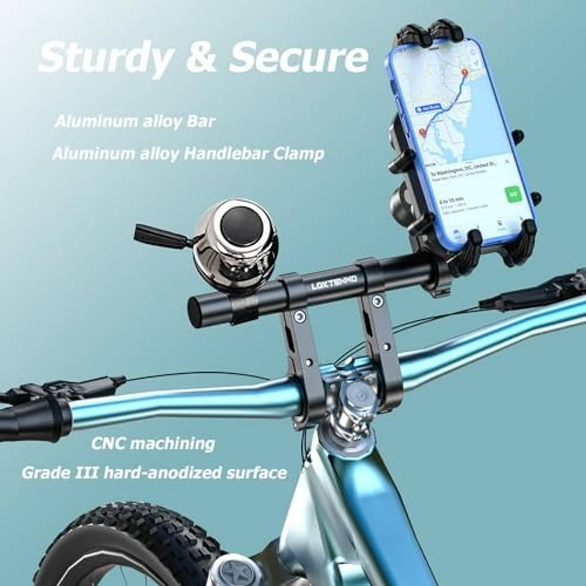 Black aluminum handlebar extender clamp for mounting phone or camera accessory