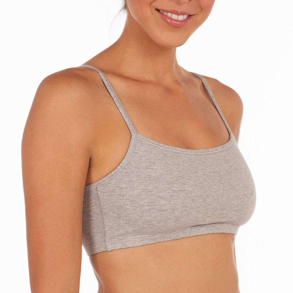 Women’s gray spaghetti strap pullover sports bra with scoop neckline