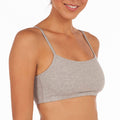 Women’s gray spaghetti strap pullover sports bra with scoop neckline
